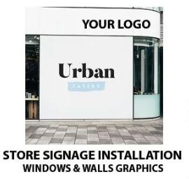 Store Signs, Vehicle Graphics, and Custom Window Frosting Services 8 store signage installation windows & walls graphics